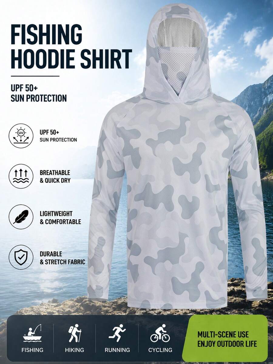 Sudadera con capucha con protección solar y estampado de pesca, camisa de pesca de manga larga transpirable y de secado rápido con protector de cuello integrado para deportes de otoño - Multicolor - Ver 1