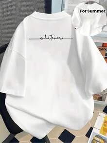 Camiseta casual de mujer de corte regular con estampado frontal y trasero, estilo de escritura a mano, impresión en el cuello redondo, esencial para el verano - Ropa de mujer, ajuste cómodo, diseño clásico, atuendo casual diario de verano. - Blanco - Ver 3