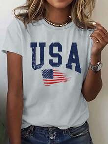 Camiseta con estampado de letras Simple DesignUSA, top casual de manga corta y cuello redondo para verano y primavera, ropa de verano elegante y práctica para mujer. - Albaricoque - Ver 9