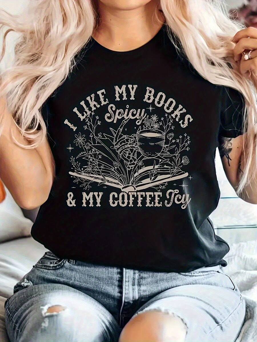 Camiseta de Mujer con Diseño Simple y Estampado "Me gustan mis libros y mi café" - Suave y Transpirable, Top Casual de Verano, con Ilustraciones de Libros y Copas de Vino, Cuello Redondo, Mangas Cortas, 180G, Elegante y Práctica para el Verano - Negro - Ver 1