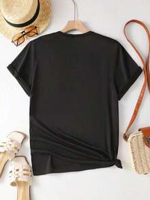 Curvy Clothing On  And Women's One-Piece Short Sleeve T-Shirt, Sporty Design With Popular, Creative And Fun Print, Breathable, Elastic, Round Neck, Comfortable For Outdoor Wear In Spring, Summer And Autumn, Y2K Style, Loose, Casual, Simple And Fashionable. Y2K Women's T-Shirts - 黑色 - 查看 2