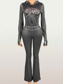 Spring/Summer 2 Pieces Set For Women Polka Dot Casual Graphic Print Zip Long Sleeve Top And Long Pants Beach Going Out Rave Gym Party Outfits - màu đen - Xem 4
