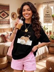 Gato Durmiendo Y2K: Playera de Mujer "Gato Durmiendo" Estilo Y2K, Camiseta de Letras para Vacaciones y Playa, Top Elegante de Verano para Fiesta - Negro - Ver 1