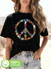 Y-Wildflower Peace Sign T-Shirt, Hippie Style Peace Sign Floral T-Shirt, Colorful Flower And Leaf Design, Casual Summer Short Sleeve T-Shirt For Women, Soft, Breathable And Comfortable Top For Everyday Use, Loose And Comfortable. - Back - View 11
