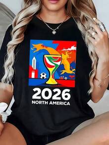 Copa vibrante con colores de América del Norte combinando energía deportiva y unión entre culturas con símbolos del fútbol y figuras míticas camiseta de mujer moderna cómoda para fanáticas del torneo 2026 - Negro - Ver 1