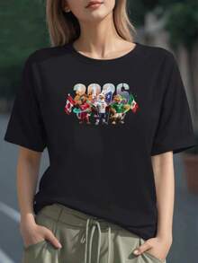 Figura de animales deportivos que celebran la unión entre México Estados Unidos y Canadá en un torneo de fútbol colorido camiseta para mujer 100% algodón cómoda y casual - Negro - Ver 1