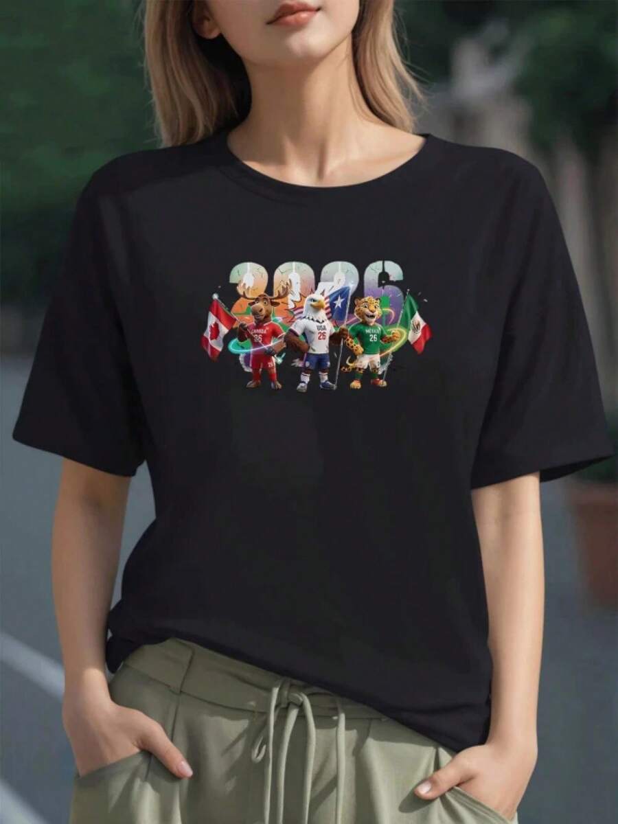 Figura de animales deportivos que celebran la unión entre México Estados Unidos y Canadá en un torneo de fútbol colorido camiseta para mujer 100% algodón cómoda y casual - Negro - Ver 1