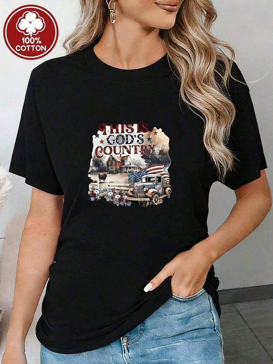 Bonita camiseta blanca con diseño "This is God's Country", temática patriótica y estilo vintage ideal para looks casuales. - Negro - Ver 1