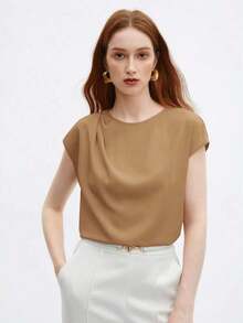Blusa holgada de cuello redondo con mangas cortas y volantes, elegante y chic para el transporte urbano, uso diario, retro romántico de los 90, adecuada para Navidad, Año Nuevo, San Valentín, fiestas, playa, graduación, versátil y minimalista, apr - Amarillo Mostaza - Ver 4