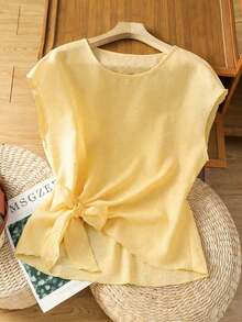 Blusa casual y versátil de cuello redondo elegante, con detalle de lazo en el bajo asimétrico, blusa de mujer de manga corta color albaricoque - Amarillo claro - Ver 3