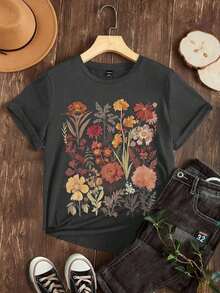 Unique T-Shirt With Vintage Wildflower Print, Bohemian And Natural Style, Ideal For Relaxed And Stylish Looks. - Black - View 6