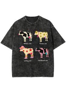 Camiseta de cuello redondo con estampado de vaca de dibujos animados, a la moda y bonita, de puro algodón, cuello redondo tipo  lavado elegante, estilo unisex, nueva , manga corta casual de alta calidad, 6 tallas disponibles, Y2K - Negro - Ver 7