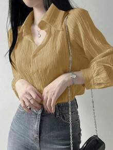 Blusa suelta de unicolor con cuello vuelto y pliegues para mujer, color morado, para primavera/verano/otoño, ropa de mujer de manga larga - Amarillo - Ver 6