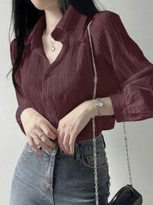 Blusa suelta de unicolor con cuello vuelto y pliegues para mujer, color morado, para primavera/verano/otoño, ropa de mujer de manga larga - Rojo violeta - Ver 6