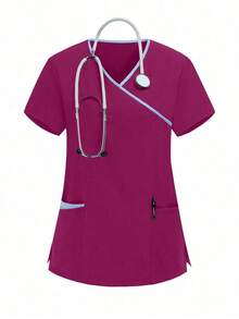 Conjunto de uniforme de pijama de unicolor con parches, cuello en V y manga corta - Rosa Fucsia - Ver 6
