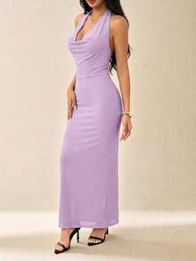 Vestido elegante de mujer de unicolor con cuello drapeado de malla, vestido largo, estilo vacacional, adecuado para vacaciones de otoño/invierno - Púrpura malva - Ver 4