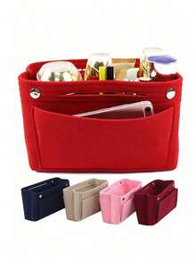 1 pieza Bolsa de maquillaje de fieltro con múltiples compartimentos y gran capacidad, puede almacenar cosméticos, llaves, teléfonos, lápices labiales, accesorio de viaje portátil y de moda - Multicolor - Ver 8