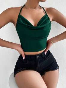 Top halter de cuello con fruncido de espalda abierta con cordón - Verde Oscuro - Ver 4