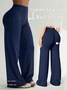 Pantalones de pierna ancha de cintura alta, suaves, favorecedores, no transparentes, para yoga y uso casual en verano - Azul marino - Ver 8