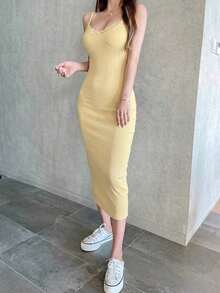 Vestido camisero de verano informal de unicolor con ribete de encaje, vestidos de sol para mujeres - amarillo ganso - Ver 5