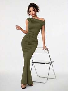 Ropa de verano, atuendos para citas diarias y viajes, atuendos de fiesta, ropa interior elegante para mujeres, atuendos para salir, vestido asimétrico con hombros caídos y cola de pez extra larga, atuendos de club para mujeres, atuendos para - Verde militar - Ver 5