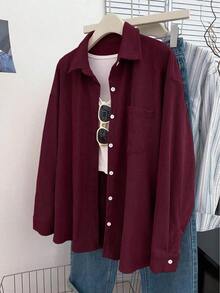 Camisa casual de manga larga, de un solo pecho, de unicolor y holgada para mujer - Burdeos - Ver 4