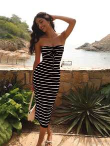 Vestido casual de mujer de longitud media, diseño de estilo de moda adecuado para el verano - Blanco y Negro - Ver 9