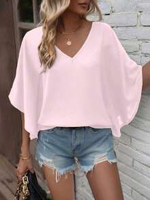 Camisa de manga de murciélago de unicolor casual, verano - Rosa Pálido - Ver 6