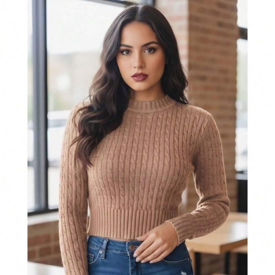 Women's Cropped Textured Knit Long Sleeve Ribbed Knit Top - Autumn/Winter Fashion - Desnudo - Ver 1
