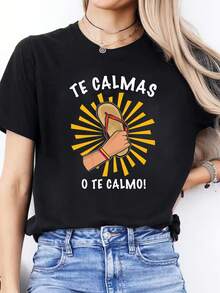 Women's Casual Letter Print Short Sleeve T-Shirt In Spanish - "Te Calmas O Te Calmaro!" Design, Crew Neck, Short Sleeve, Polyester, Spring/Summer Sport Top, Lightweight T-Shirt | Playful Graphic Tee | Polyester Fabric, Ladies' T-Shirts - 黑色 - 查看 6