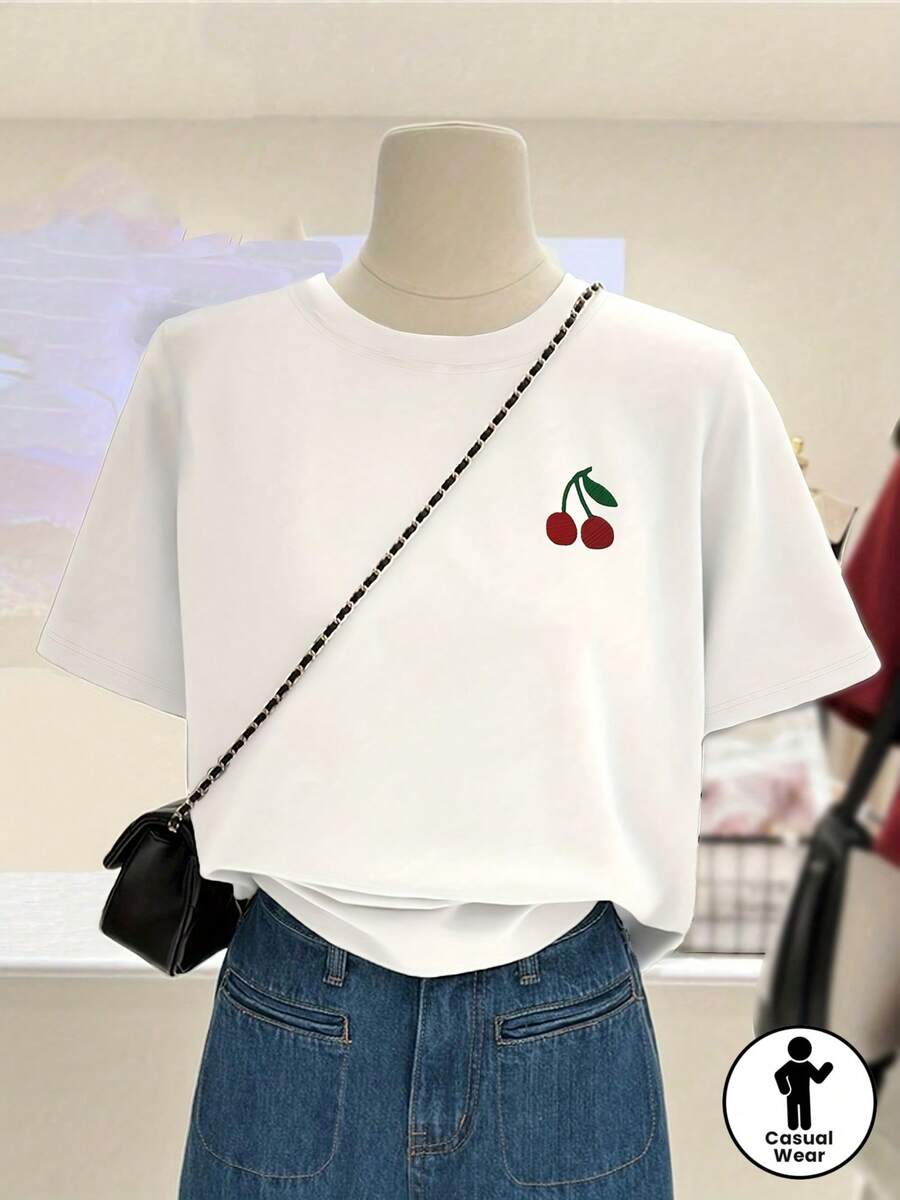 100% Cotton - Fashionable Commuting Style Cherry Pattern Printed Short Sleeve Round Neck T-Shirt - Summer - White - View 1