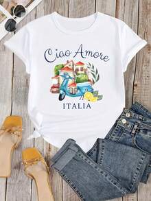 1 pieza de recuerdo de viaje italiano, camiseta con estampado de letras italianas, 180g, 100% algodón - Blanco - Ver 2
