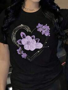 Playera con diseño de corazón con flor en color morado, estampado, casual de mujer, cuello redondo, manga corta, ideal para todos los días, llamativa, moderna, holgada, ideal para tí. 100% algodón, estilo Y2K Bababask - Negro - Ver 6