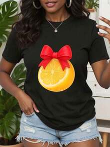 Women's Summer Casual T-Shirt With Letter And Fruit Print, Short Sleeve Lemon Design T-Shirt, Graphic T-Shirt With Lemon And Bow Design, Casual Vacation Style T-Shirt, Summer Clothing, 100% Cotton, Durable - 黑色 - 查看 7