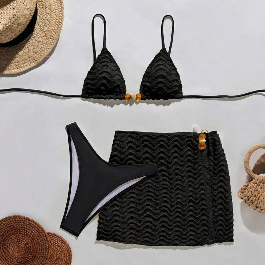 Traje de baño de dos piezas de color sólido para mujer, bikini con un estilo de alta gama y de puro atractivo, con diseño de tres puntos ajustables. - Negro - Ver 1
