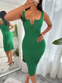 Vestido largo de punto ajustado con medio botón y acanalado, color burdeos, atuendo de mujer - Verde 2 - Ver 4