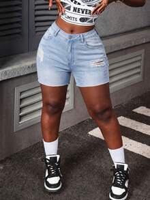 Quần short denim rách bạc màu phong cách đường phố mùa hè dành cho nữ, kiểu dáng thoải mái. - Màu xanh lam - Xem 1