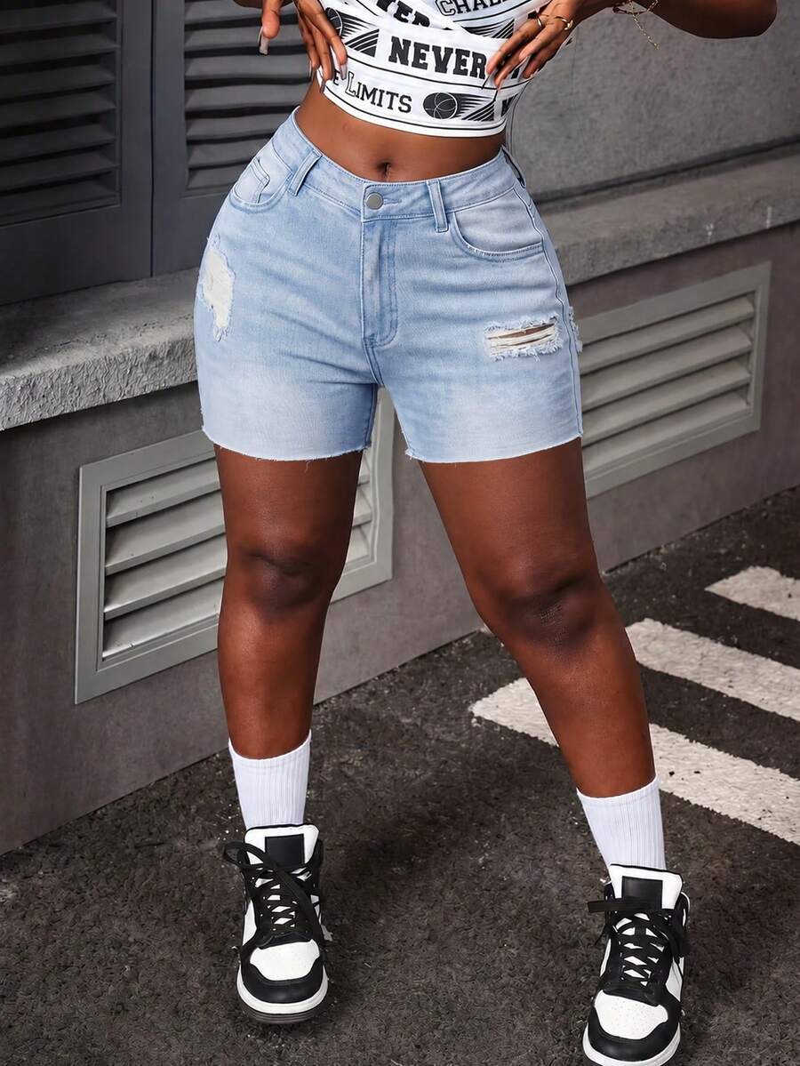 Quần short denim rách bạc màu phong cách đường phố mùa hè dành cho nữ, kiểu dáng thoải mái. - Màu xanh lam - Xem 1