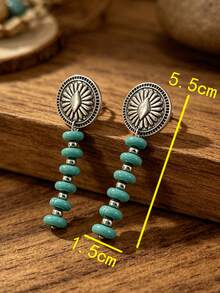 1 Pair Bohemian Style Sunflower Earrings, Long Synthetic Turquoise Beaded Earrings - Silver - View 2