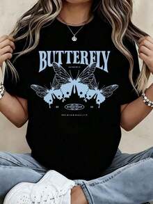 Women's Butterfly Print T-Shirt, Casual Short Sleeve Top, Vintage Print, Summer Fashion, Round Neck T-Shirt, Light Blue Design, Women's Urban Clothing - 黑色 - 查看 1