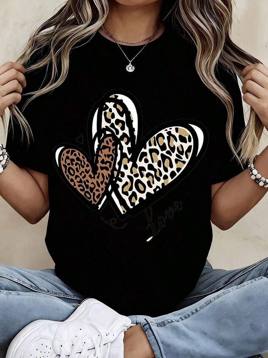 Black Leopard Heart Print T-Shirt With Love Text - Women's Urban Casual Clothing, Perfect For Everyday Wear And Going Out - 黑色 - 查看 1