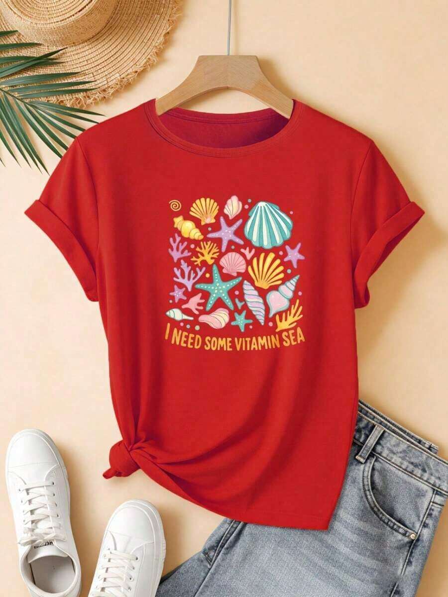1PCS Women's Short Sleeve Crew Neck T-Shirt "I Need Some Ocean Vitamins" With Seashell And Starfish Print, Loose Fit T-Shirt For Summer Beach Vacation, Summer Top. - 紅色 - 查看 1