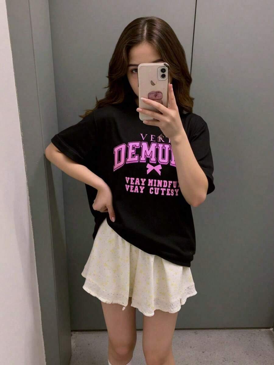 Camiseta de manga corta estampada para mujer joven, moderna y adecuada para el uso diario, sencilla y elegante. - Negro - Ver 1