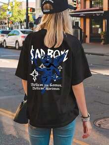 Under The Radar Women's Sad Boy Print Casual Black T-Shirt, Crew Neck, Drop Shoulder, Short Sleeve, Streetwear Style - Unisex Cotton Loose Fit Short Sleeve Crew Neck Vintage Style T-Shirt. - 黑色 - 查看 2