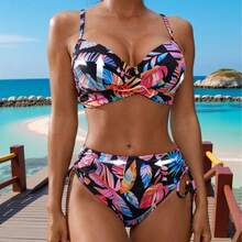 Traje de Baño de Dos Piezas para Mujer Talla Grande, Bikini Sexy con Escote en V Profundo, Cintura Alta, Estampado - Color de la imagen - Ver 2