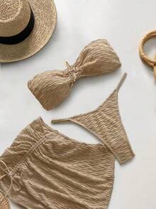 New And Sexy Solid Color Three-Piece Swimsuit For Women, With Starfish Design, Ideal For Hot Spring Vacations. - Light Brown - View 1