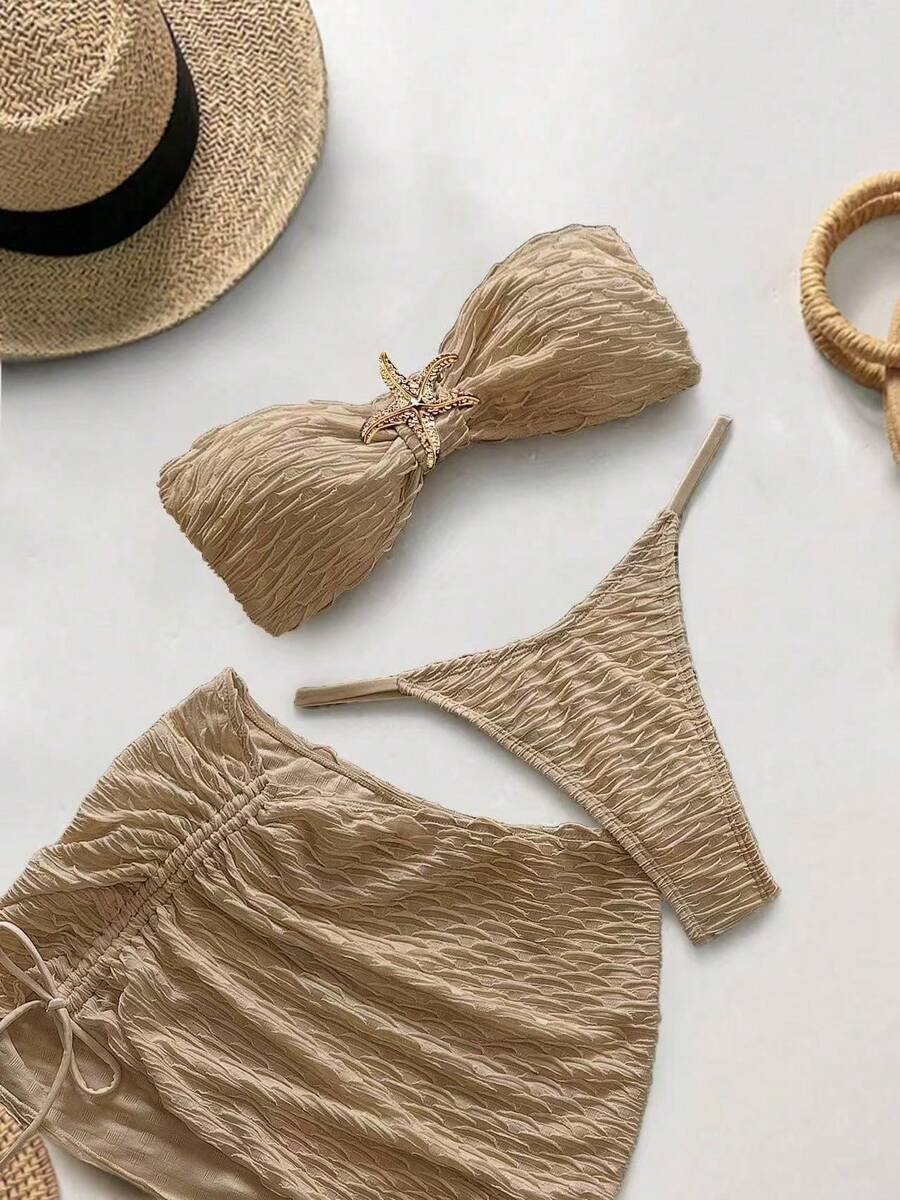 New And Sexy Solid Color Three-Piece Swimsuit For Women, With Starfish Design, Ideal For Hot Spring Vacations. - Light Brown - View 1