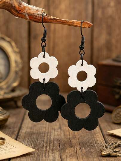 1 Pair Contrast Color Hollow Splicing Wooden Floral Earrings, Minimalist Fashion Black & White Versatile Earrings