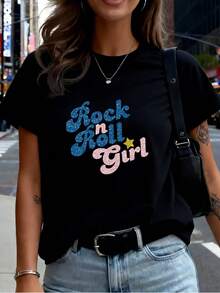 Women's Rock N Roll Slogan T-Shirt - Bold Short Sleeve Crew Neck Top With Iconic Rock, Breathable Casual Streetwear Blouse Suitable For Spring/Summer Outfits, Not Machine Washable - 黑色 - 查看 6