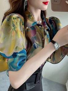 Camisa elegante de mujer con mangas de volantes de doble capa, botones de perla y estampado floral, adecuada para uso diario, vacaciones y verano - Multicolor - Ver 6